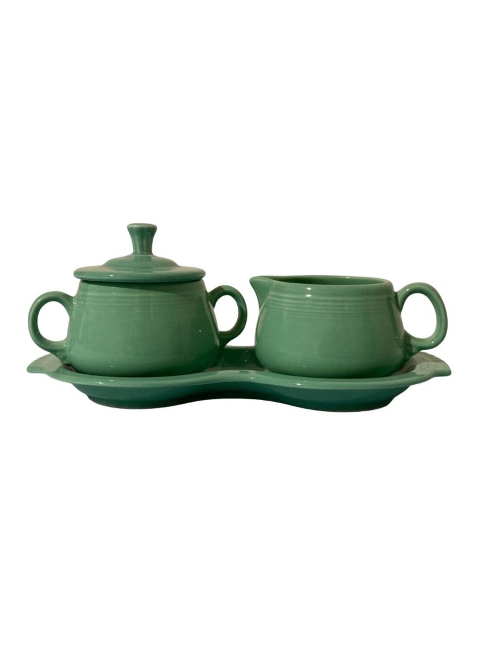 Vintage Homer Laughlin Fiesta Green Sugar And Creamer Set With Figure Eight Tray